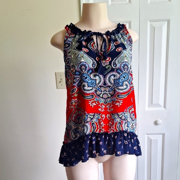 3/$20 Bila Red and Blue Paisley Blouse Size M - Picture 1 of 8